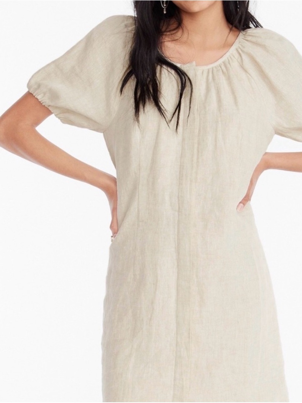J. Crew V-Back Linen Dress with Puff Sleeves